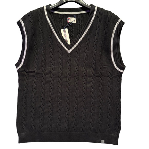 FILA Baseline‎ Cable Knit Vest Mens Large Black Sleeveless Sweater Heavyweight